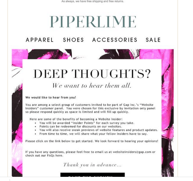 piperlime incentive email for customer survey for generating online reviews