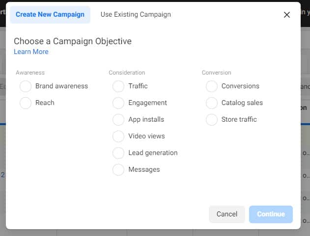 campaign objective for building email list with Facebook ads