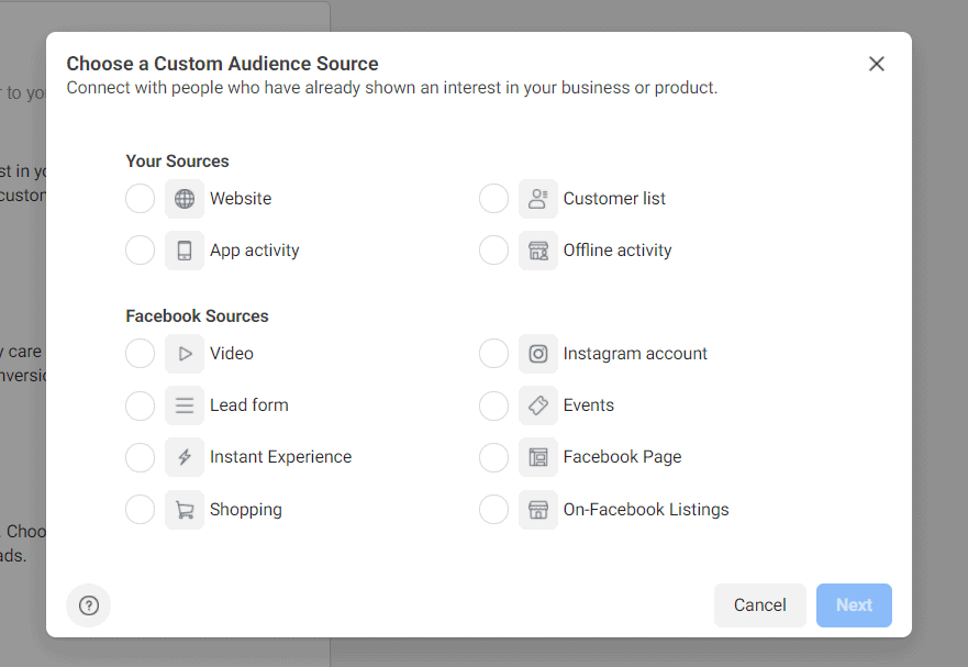 custom audience source for retargeting ads on Facebook